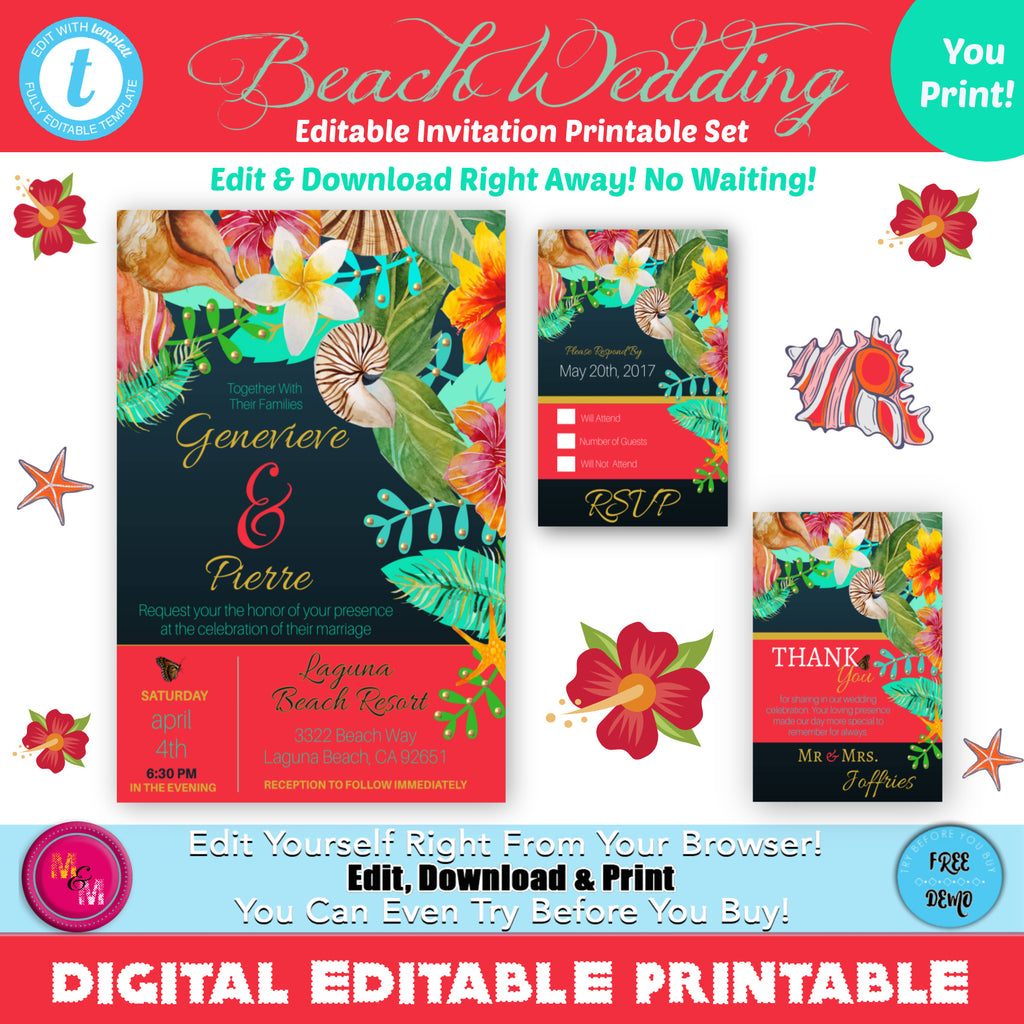 Editable Beach Wedding Invitations with Rsvp Set Printables, DIY Beach Weddings