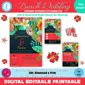 Editable Beach Wedding Invitations with Rsvp Set Printables, DIY Beach Weddings