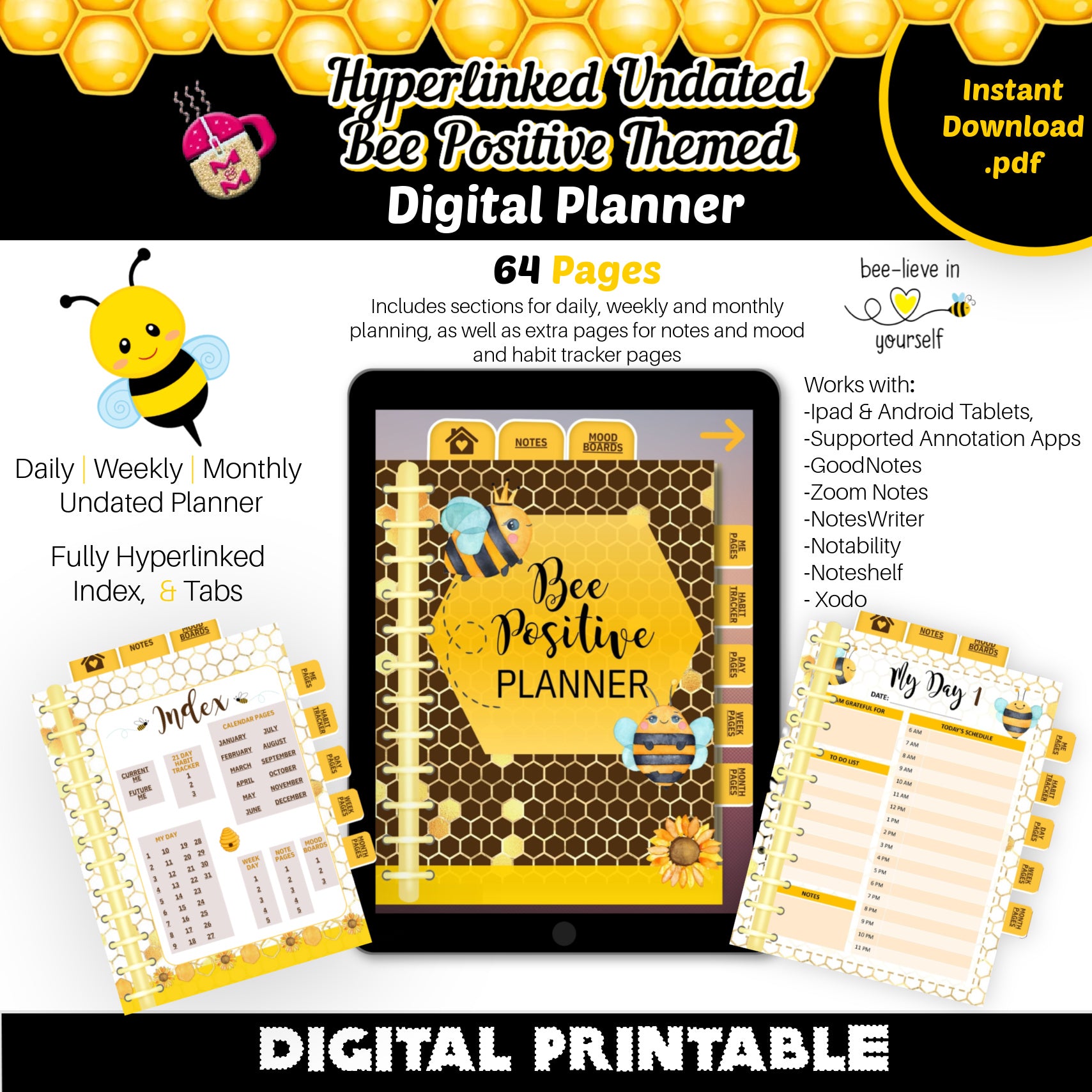 Monthly Weekly Daily Hyperlinked Positive Thinking Digital Planner | Bee Positive Digital Planner | Teen and Adult Planners | Bee Themed Planner