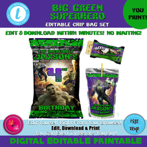 Editable Big Green Superhero Chip Bag, Juice Pouch & Rice Treat Set, The Big Green Superhero Party Favors, DIY The Big Green Superhero Treat Bag