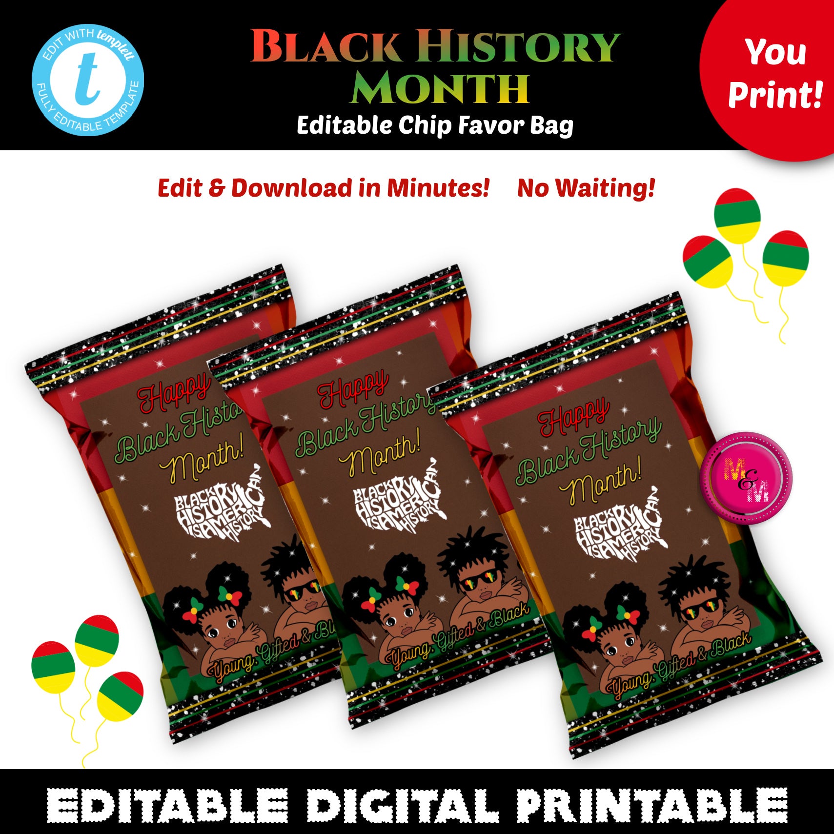 Editable Black History Month Chip Bag, Black History Month Party Favor
