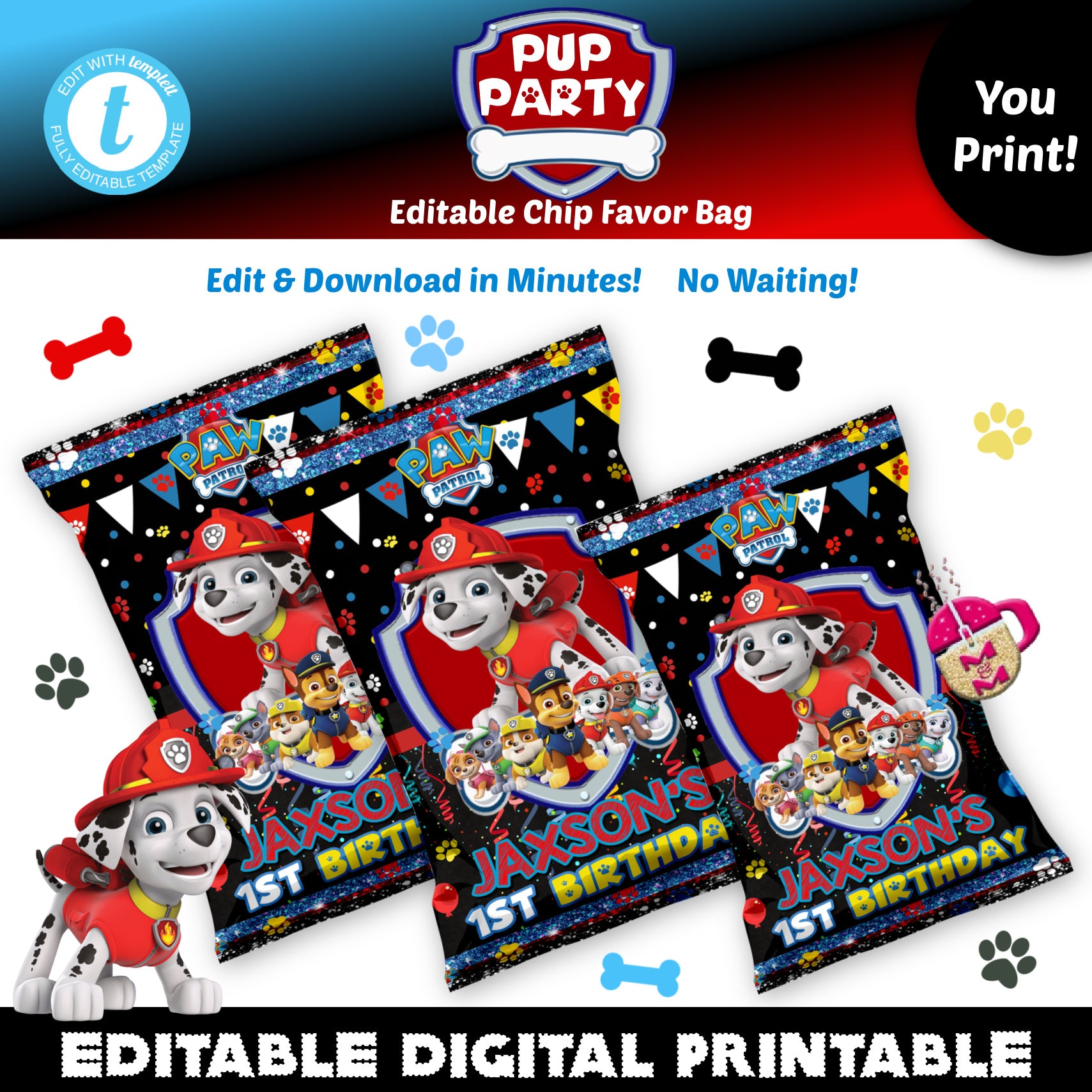 Editable Black Pup Party  Birthday Chip Favor Bag & Capri Sun Label Printable Set, Personalized Pup Party favor bag, Templett