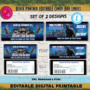 Editable Black Panther Movie Candy Bar Wrappers Printable, Superhero Party - mugandmousedesigns