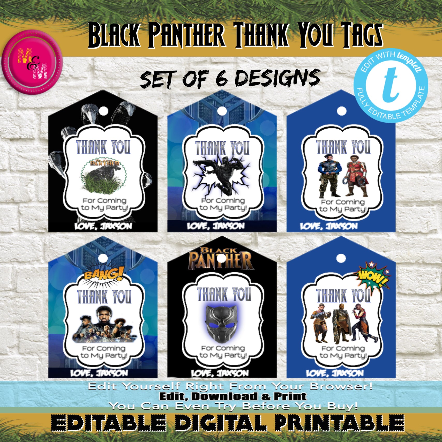 Editable Black Panther Movie Thank You Favor Tags Printable,  Superhero Party - mugandmousedesigns