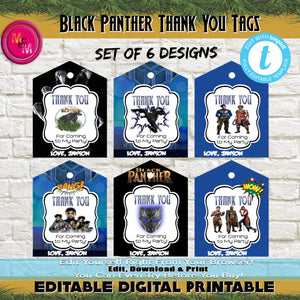 Editable Black Panther Movie Thank You Favor Tags Printable,  Superhero Party - mugandmousedesigns