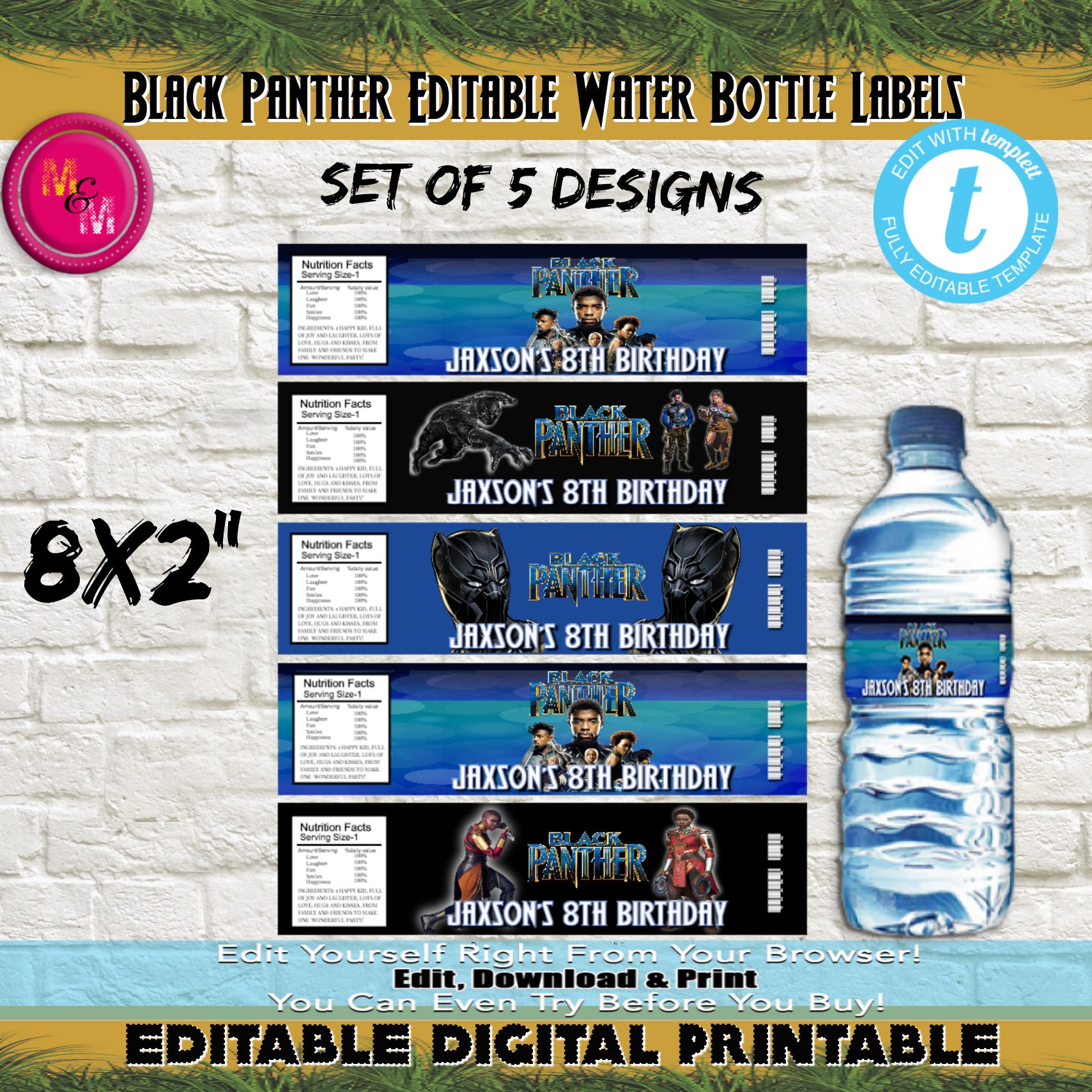 Editable Black Panther Movie Water Bottle Printable, Personalized Black Panther Movie bottle wrappers   Edit with Templett - mugandmousedesigns