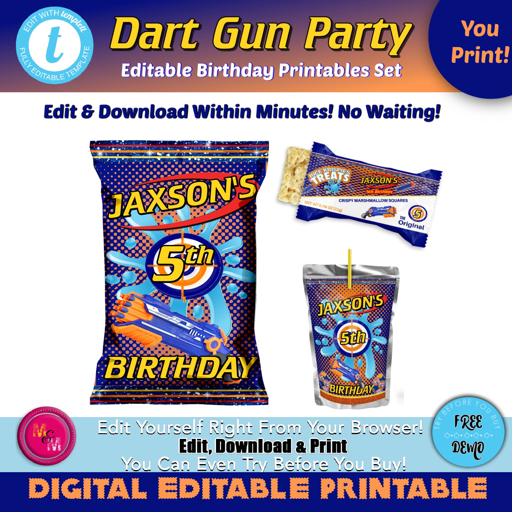 Editable Blue Dart Gun Chip and Rice Krispies Printables Set, Dart Gun Birthday Chip Bag, Dart Gun Capri Sun Labels