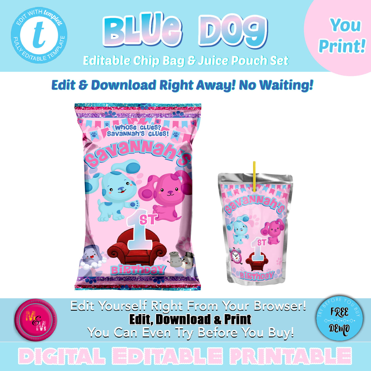 Editable Blue Dog Chip Bag Set, Clues Party Printables Mug+Mouse Designs