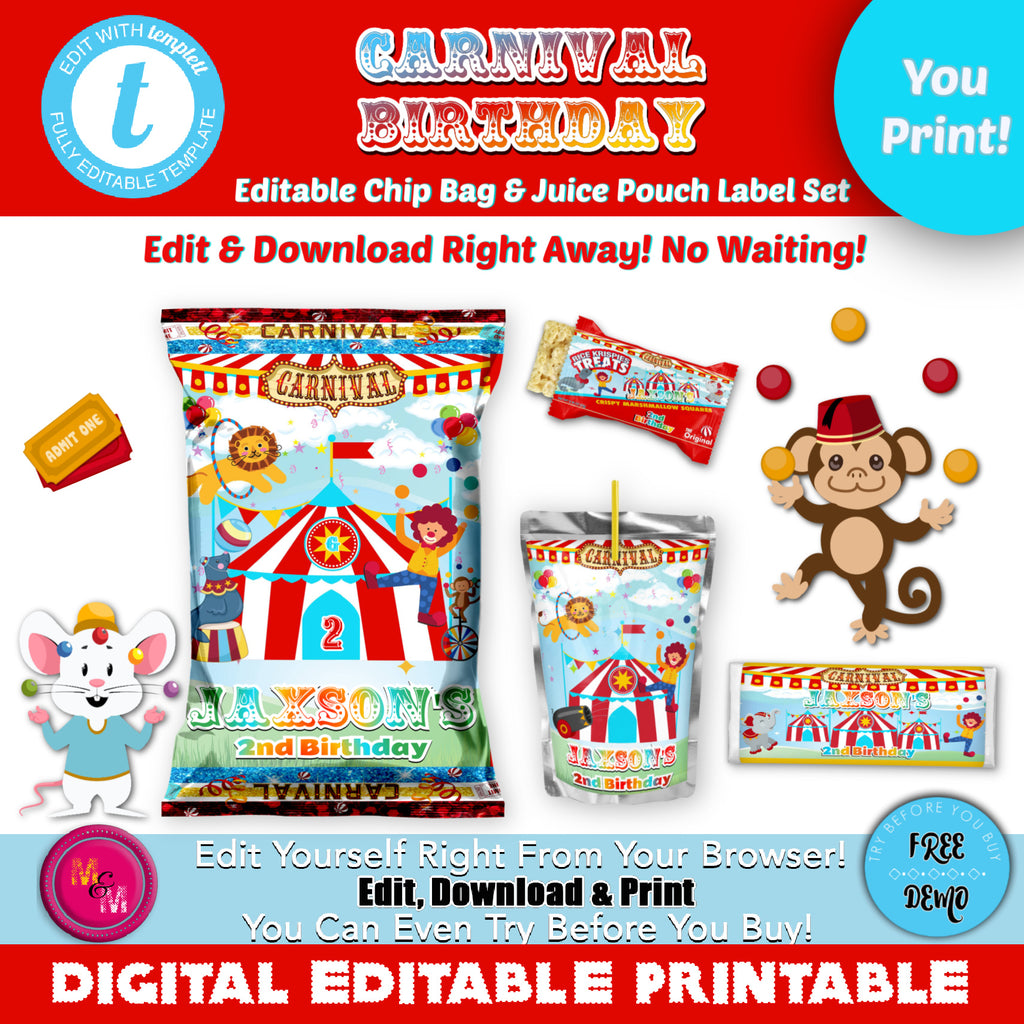 Editable Carnival & Circus Chip Bag & Juice Pouch Set, Carnival & Circus Printables