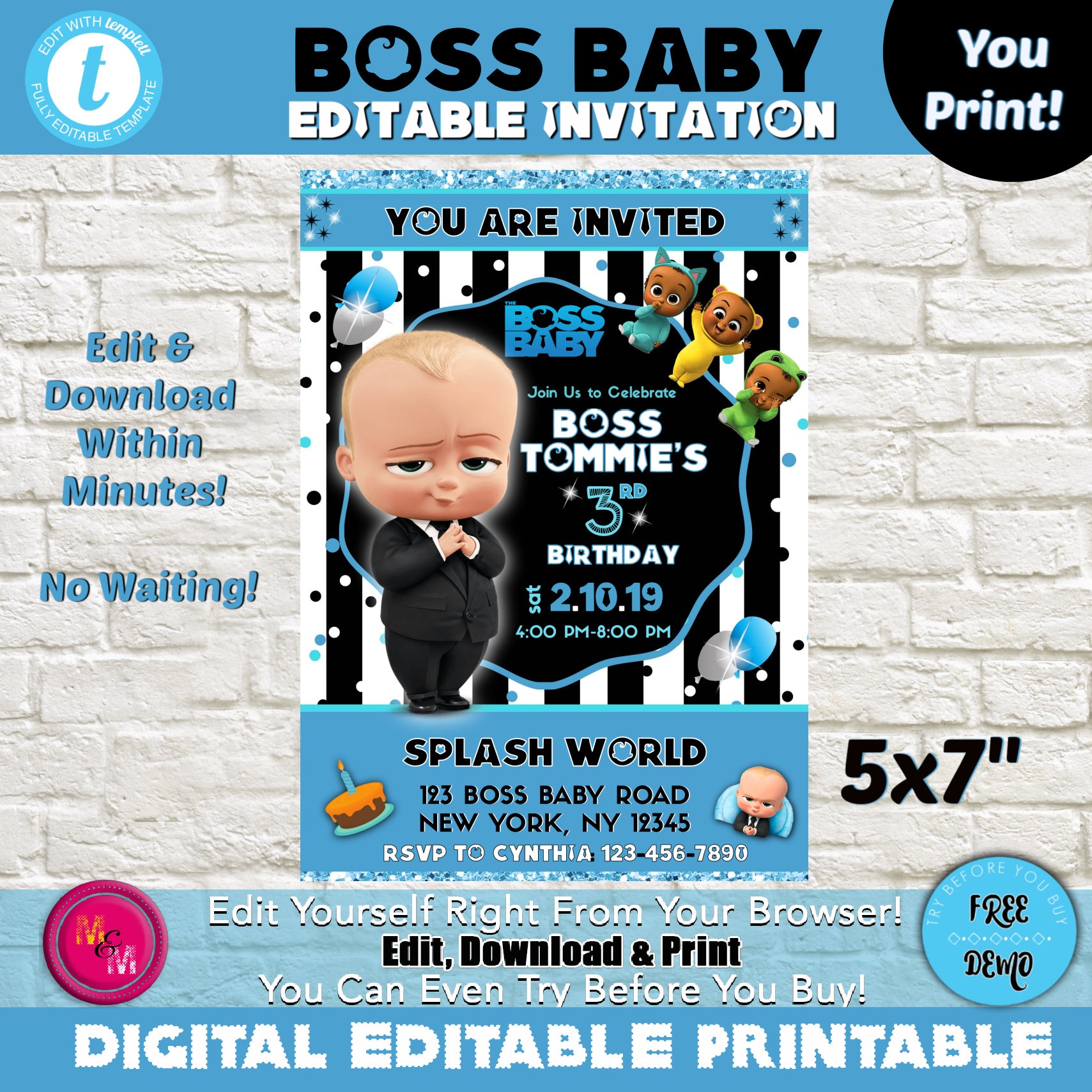 Editable Caucasian Boss Baby Invitation Printable, Boss Baby