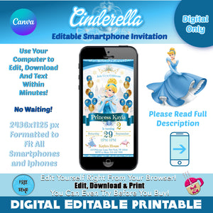 Editable Cinderella Smartphone Invitation | Cinderella Mobile Phone Invitation | Princess Party Invitation