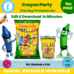 Editable Crayon Chip Bag Set, Crayon Party Favors, Crayon Capri