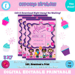 Editable Cupcake Birthday Party invitation,  Cupcake Birthday Party