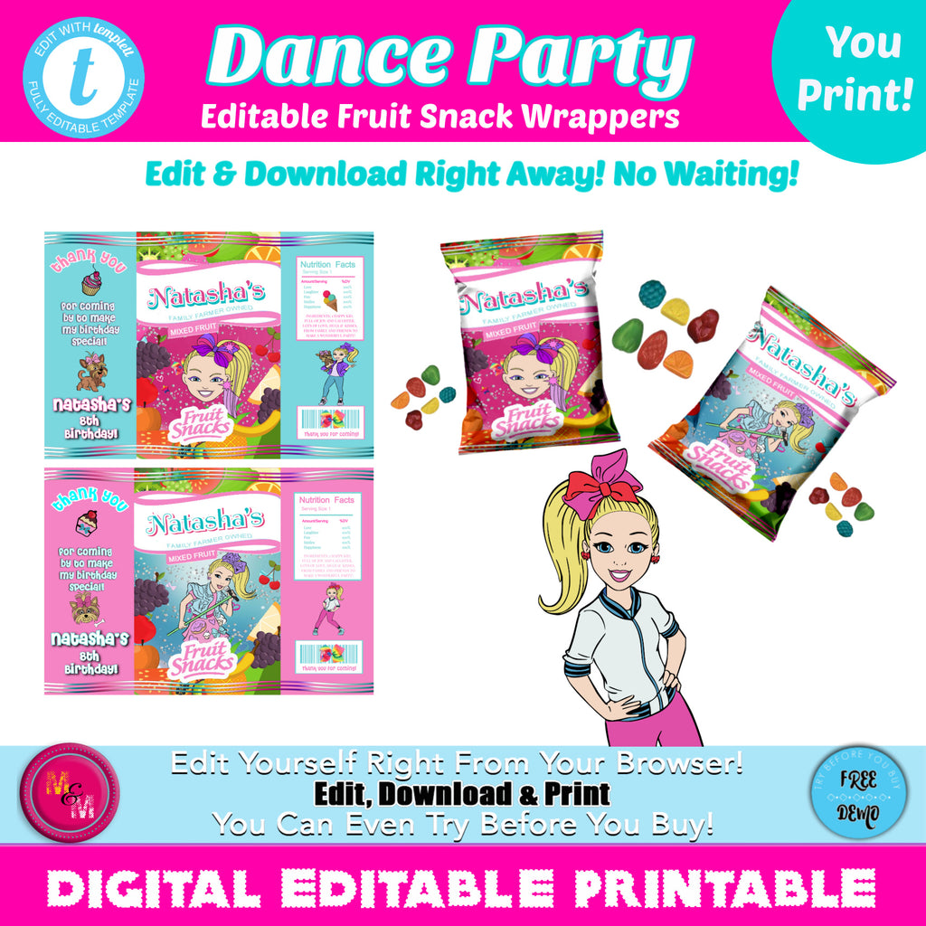 Editable Dance Party Fruit Snack Wrappers