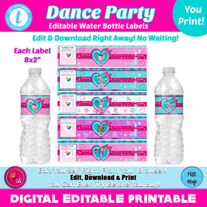 Editable Dance Party Water Bottle Printable, Personalized Dance Party bottle wrappers, Edit with Templett