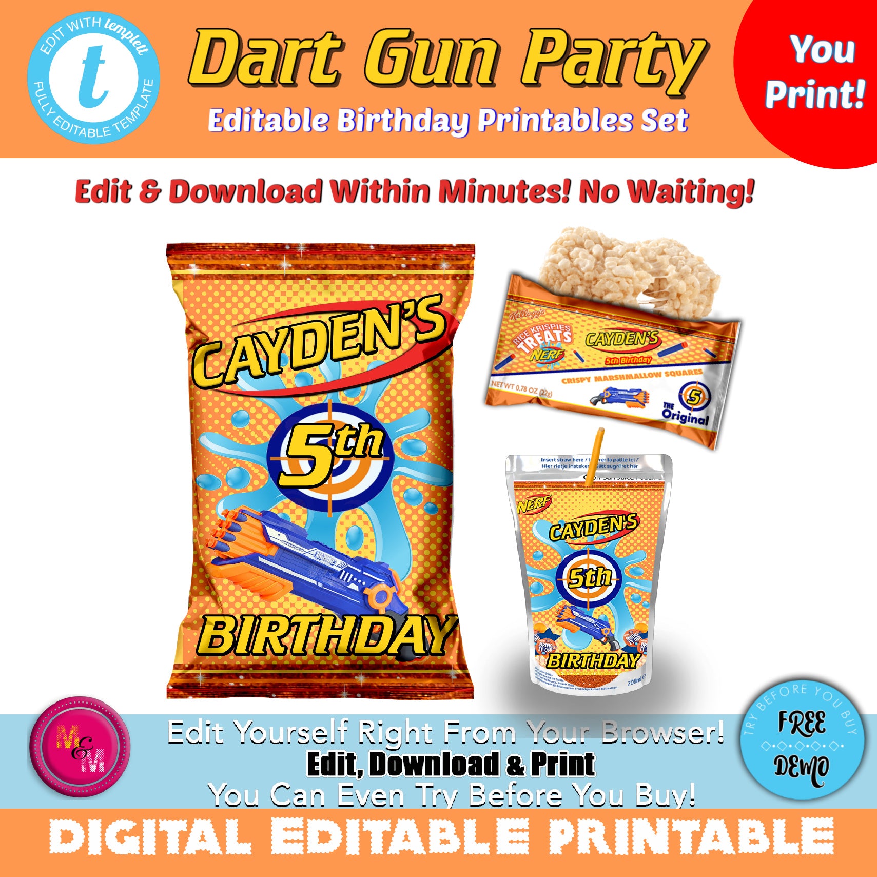 Editable Dart Gun Chip and Rice Krispies Printables Set, Dart Gun Birthday Chip Bag, Dart Gun Capri Sun Labels