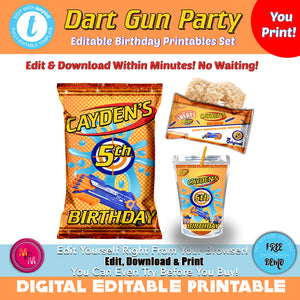 Editable Dart Gun Chip and Rice Krispies Printables Set, Dart Gun Birthday Chip Bag, Dart Gun Capri Sun Labels