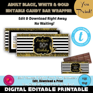 Editable Black, White & Gold Birthday Party Candy Bar Labels, Adult Party Candy Bar Wrapper, Black and White Party, New Years Party, Hershey