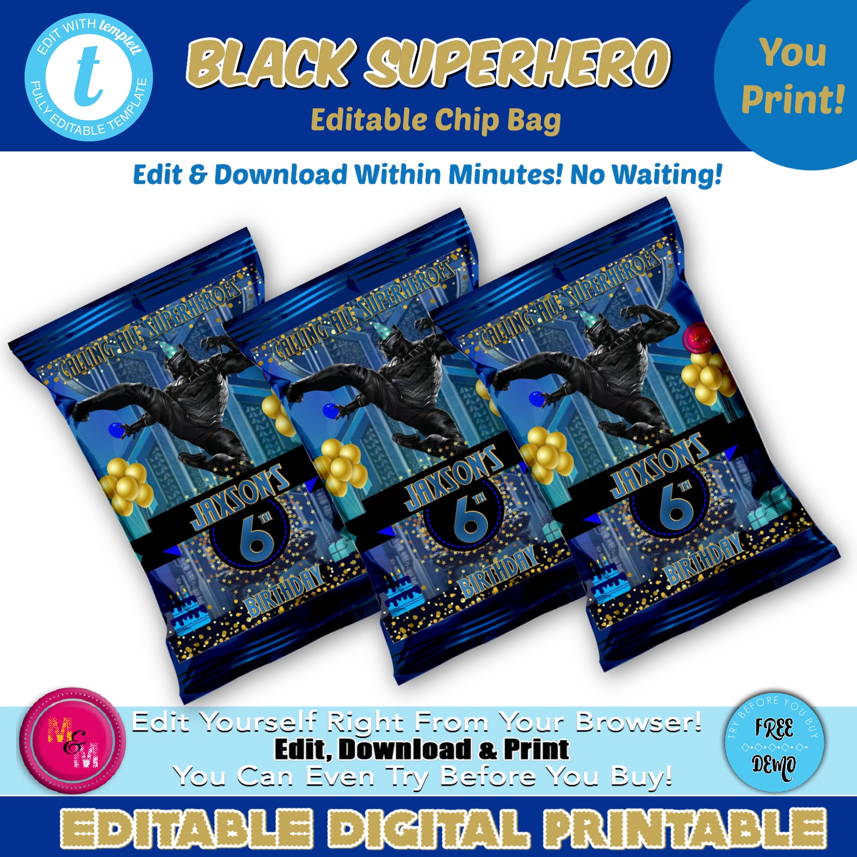 Editable Black Superhero Birthday Chip Favor Bag Printable, Personalized Black Superhero favor bag, Edit with Templett, Birthday Candy Bags