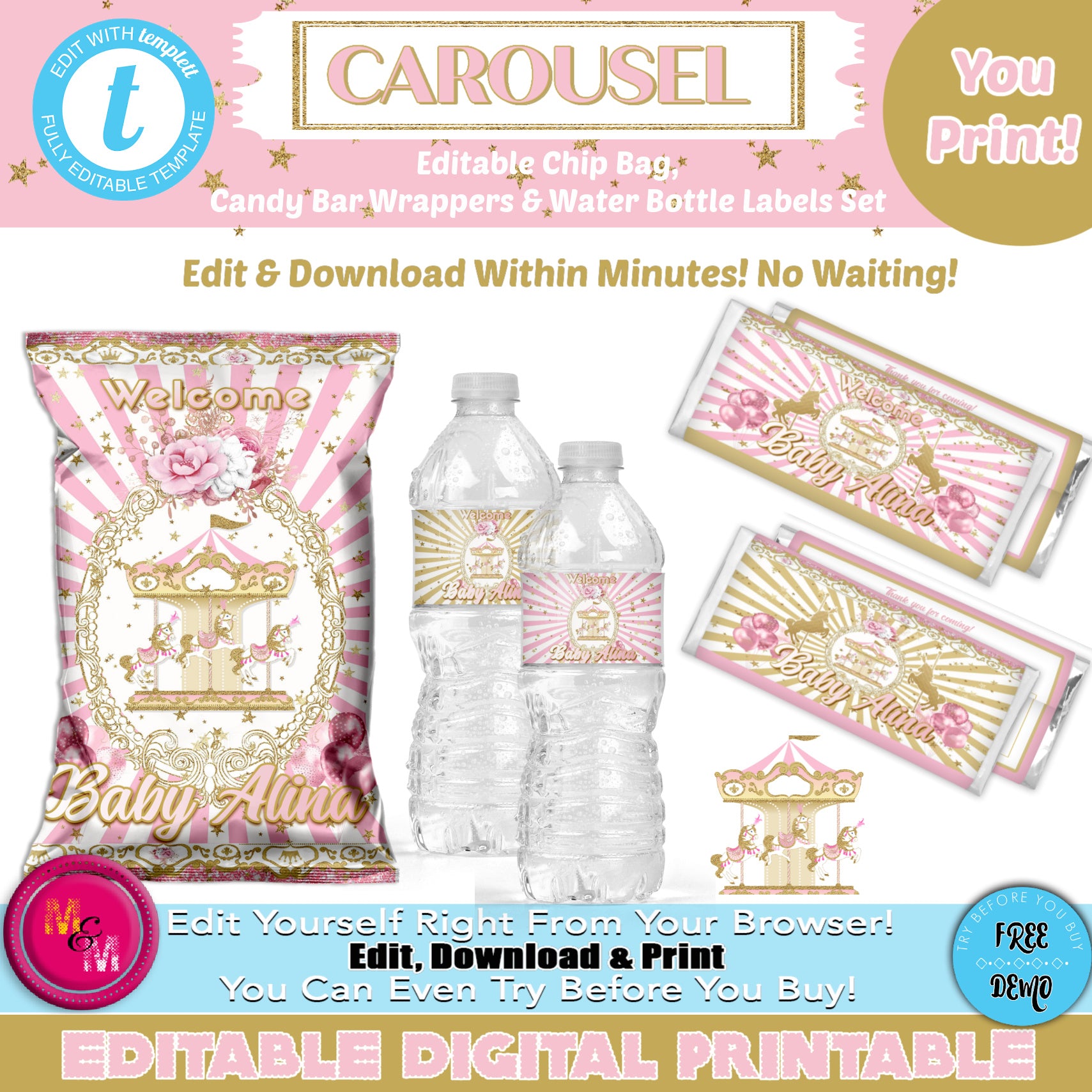 Editable Carousel Chip Bag Set, Carousel Birthday Bundle, Carnival Party Printables, Carnival Chip Bag Set, Carousel/Carnival Baby Shower