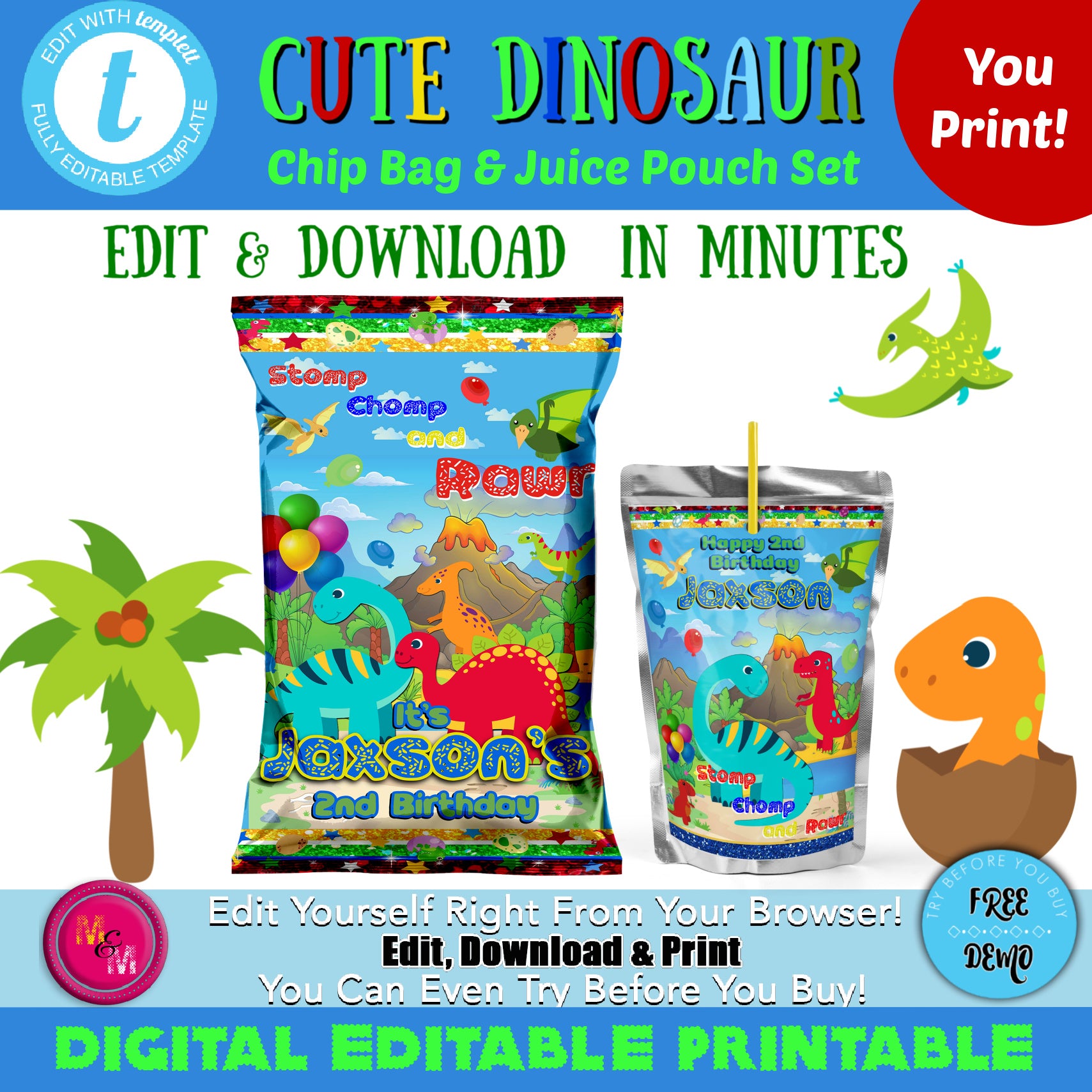 Editable Cute Dinosaur Chip Bag & Juice Pouch Set, Dinosaur
