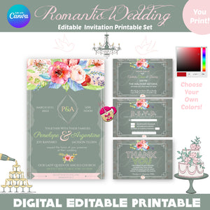 Editable Romantic Floral Watercolor Wedding Invitation Set,  DIY Wedding, Customize to any color