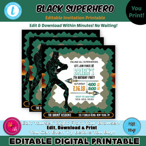 Editable Green Black Superhero Party Scallop Invitation, Superhero Invitation