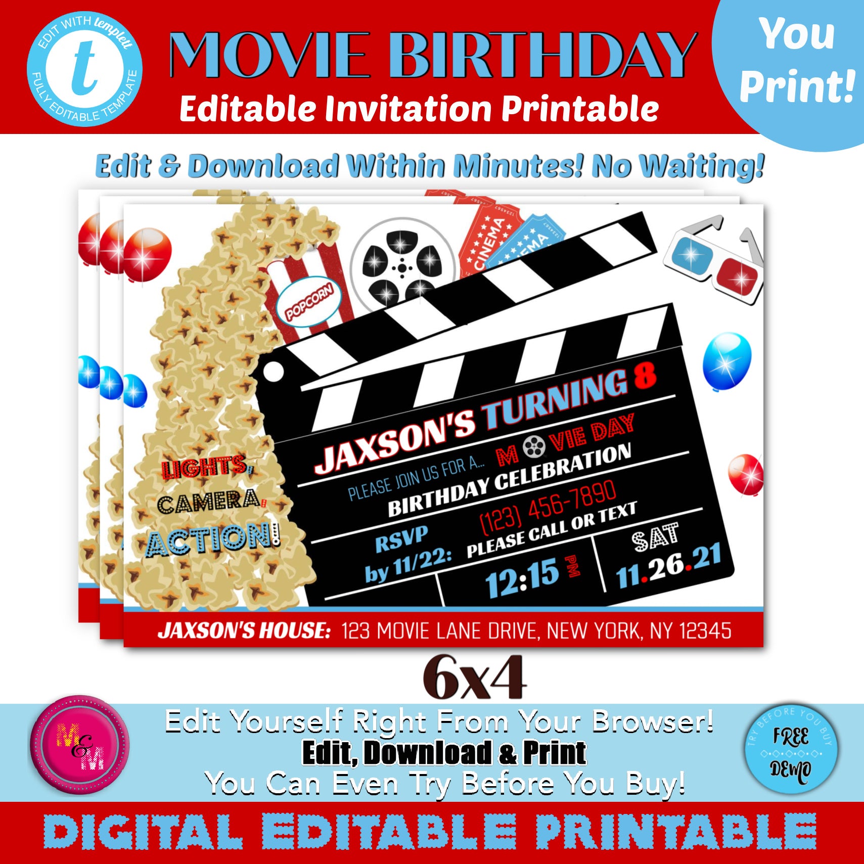 Editable Movie Invitation,  Movie Night Birthday Invite, Movie Party Printable, Movie Invitation, Hollywood Invite, Drive-in Movie, Movie Party