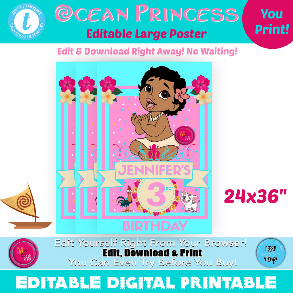 Editable Ocean Princess  Birthday Printable Poster, 24x36" (2x3 ft)