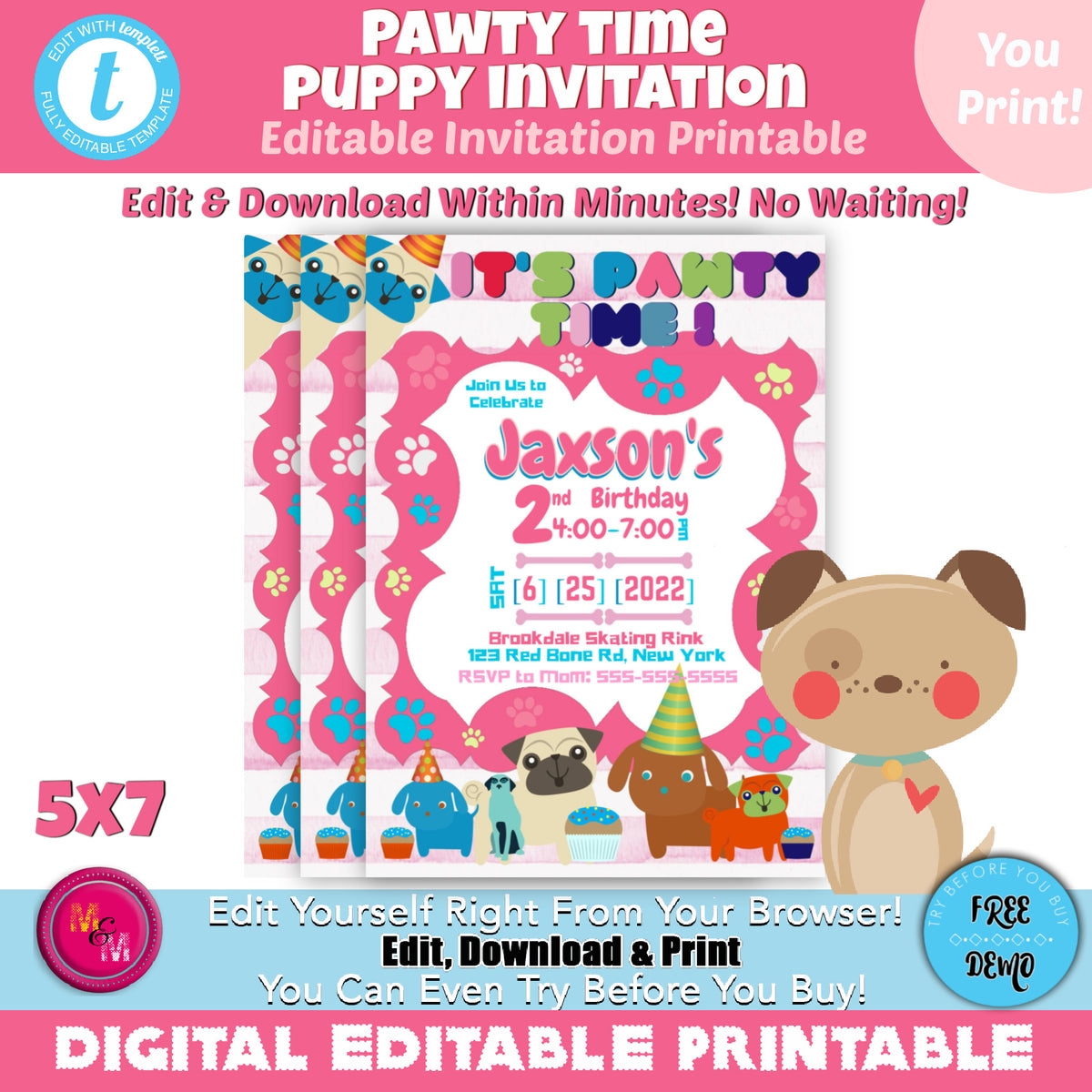 Editable Pawty Time Pink Cute Puppy Dog Birthday Invitation, DIY Print ...