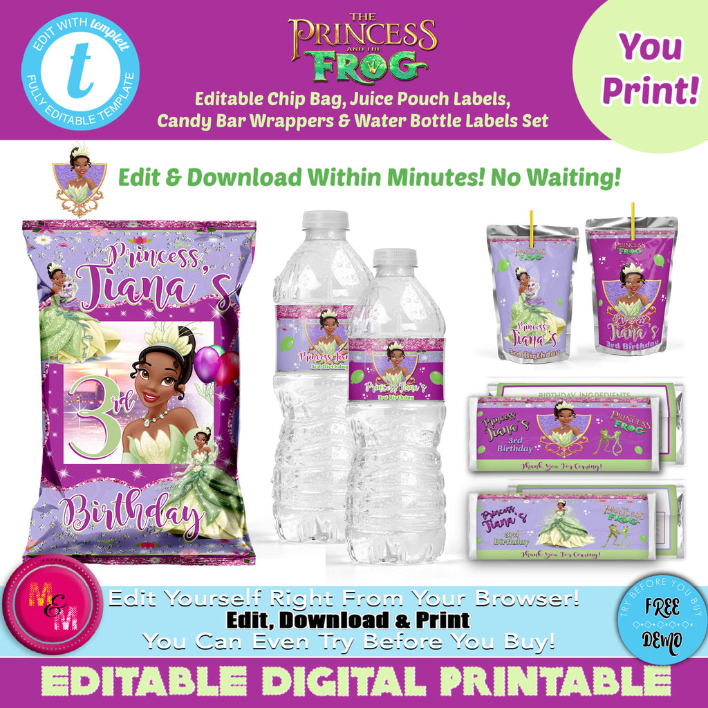 Editable Frog Princess Chip Bag Set | Princess Party Bundle | Princess Tiana Party Favors