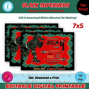 Editable Red & Green Black Superhero Invitation Printable, Superhero Invitation