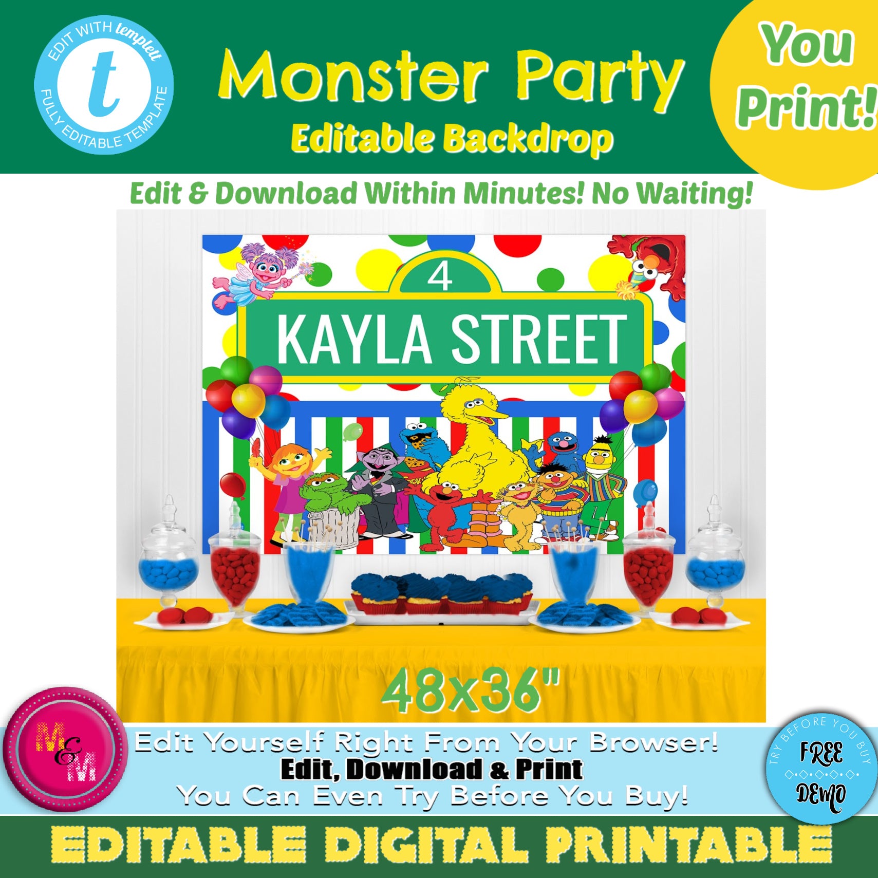 Editable Monster Party Backdrop Printable, Custom Monster Sign, 48x36 in. (4x3 ft.)
