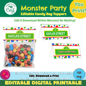 Editable Monster Party Candy Bag Toppers