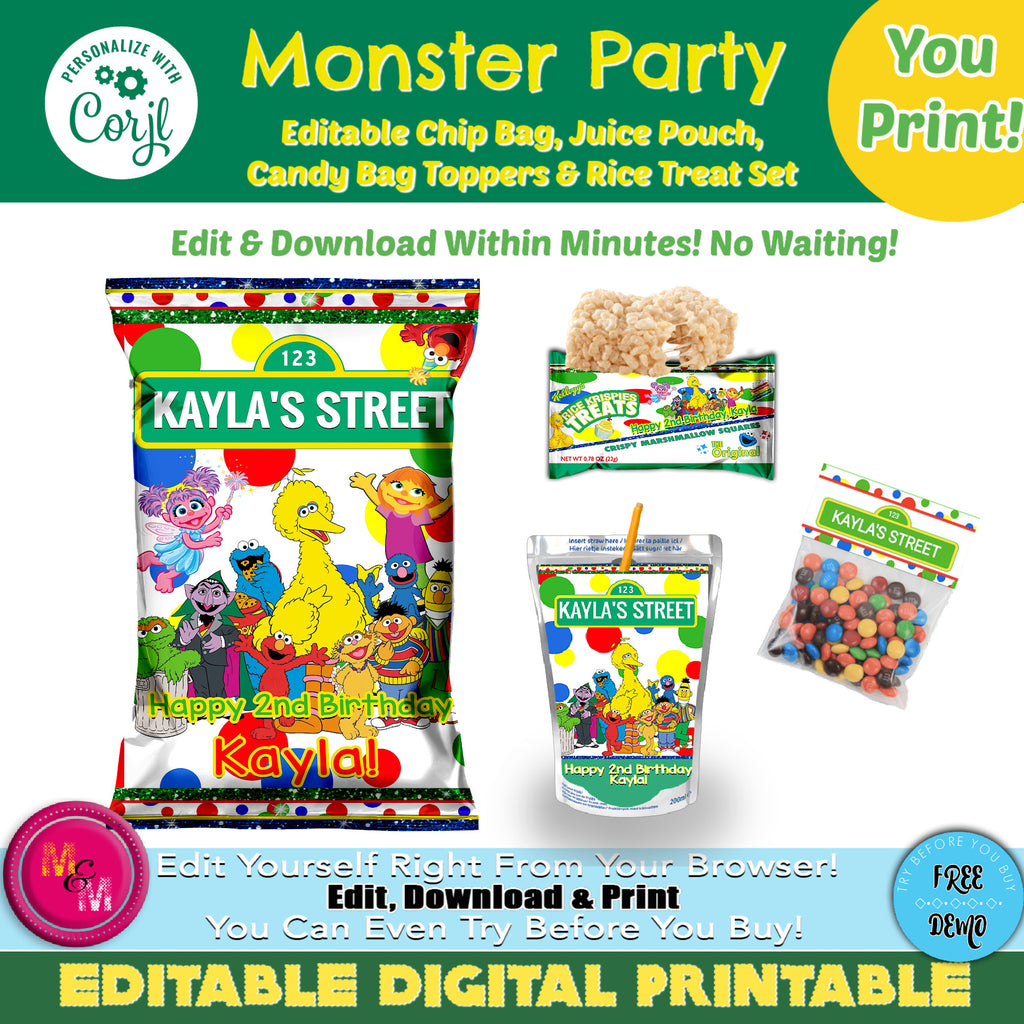 Editable Monster Party Mini Bundle, Monster Party Chip Bag Set