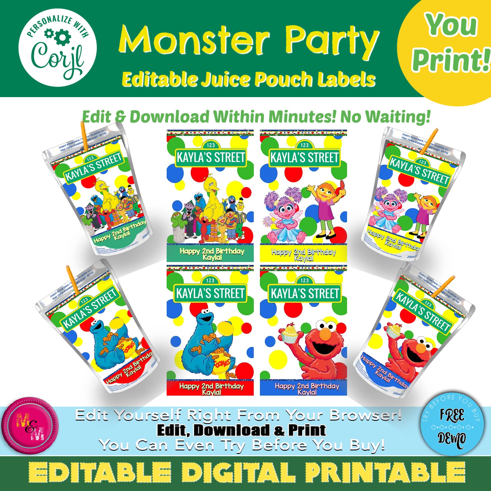 Editable Monster Party Juice Pouch Labels, Monster Party Capri Sun Labels
