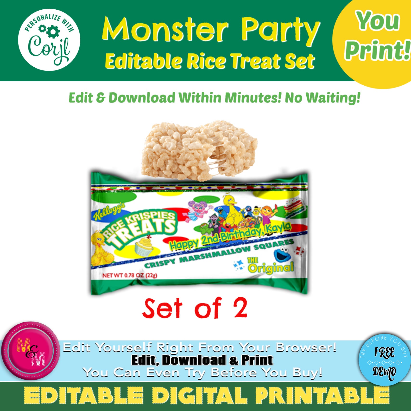 Editable Monster Party Rice Krispies Treats