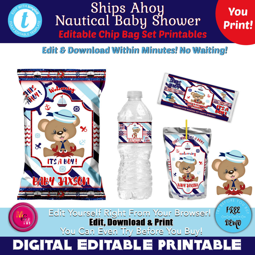 Editable Nautical Ships Ahoy Baby Shower Party Favors, Ships Ahoy Chip Bag Set, Sailor Baby Shower, Boy Bear Baby Shower