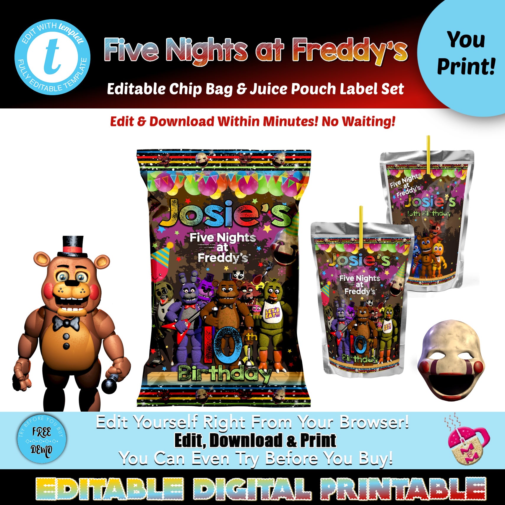 Editable Five Nights at Freddy's Chip Bag & Juice Pouch Set, Five Nights at Freddy's Party Favors, FNAF Templates