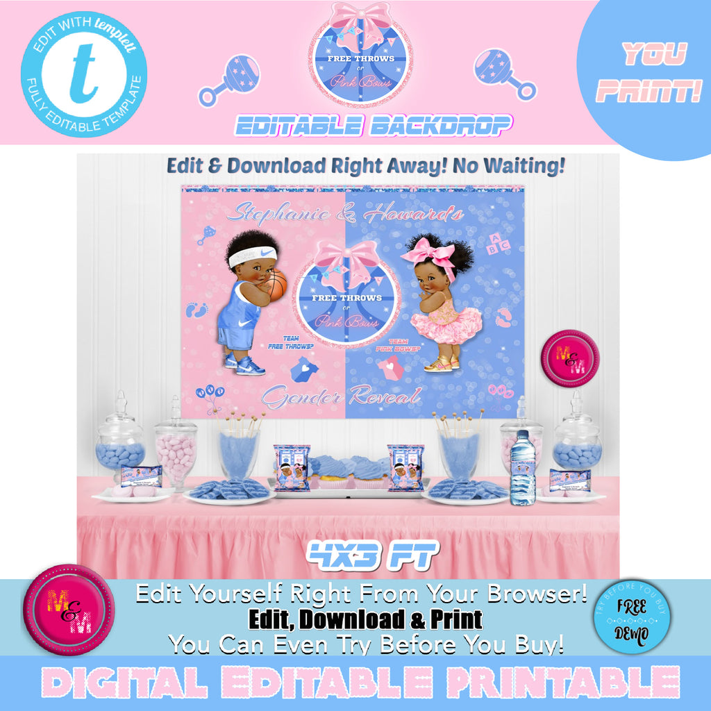 Editable Free Throws & Pink Bows Backdrop, Basketball Gender Reveal Poster, Blue & Pink Gender Reveal Party Backdrop