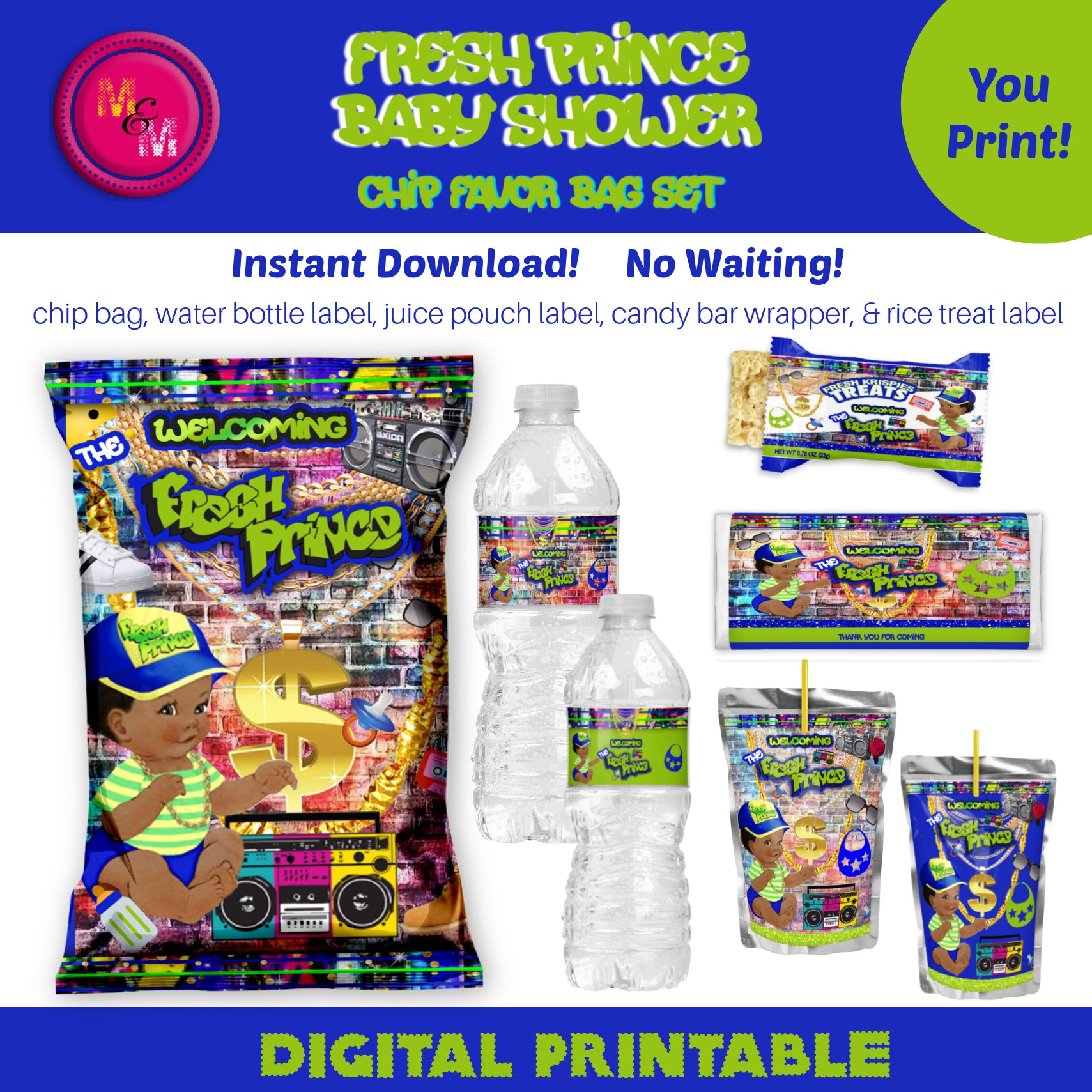 Instant Download Fresh Prince Baby Shower Favors, Fresh Prince Chip Bag Set, Hip-Hop Baby Shower, Fresh Rice Treats, 90's Baby Shower