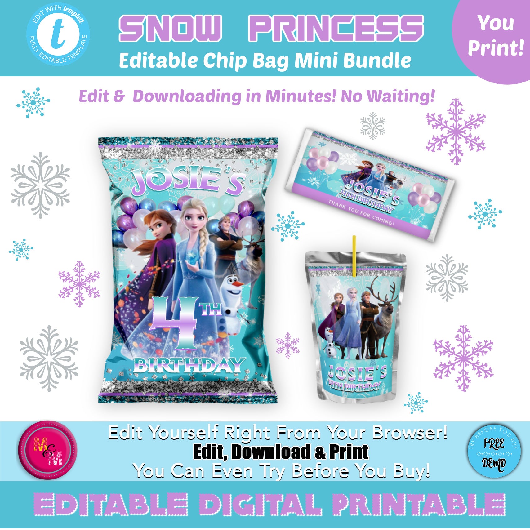 Editable Snow Princess Chip Bag Set, Snow Princess Party Favors