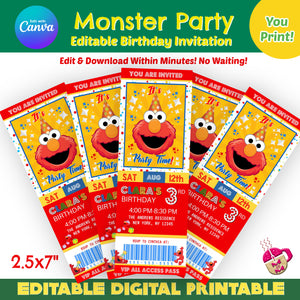 Red Furry Monster Birthday Party Ticket Invitation , Monster Birthday Ticket Invitation,  Monster Party