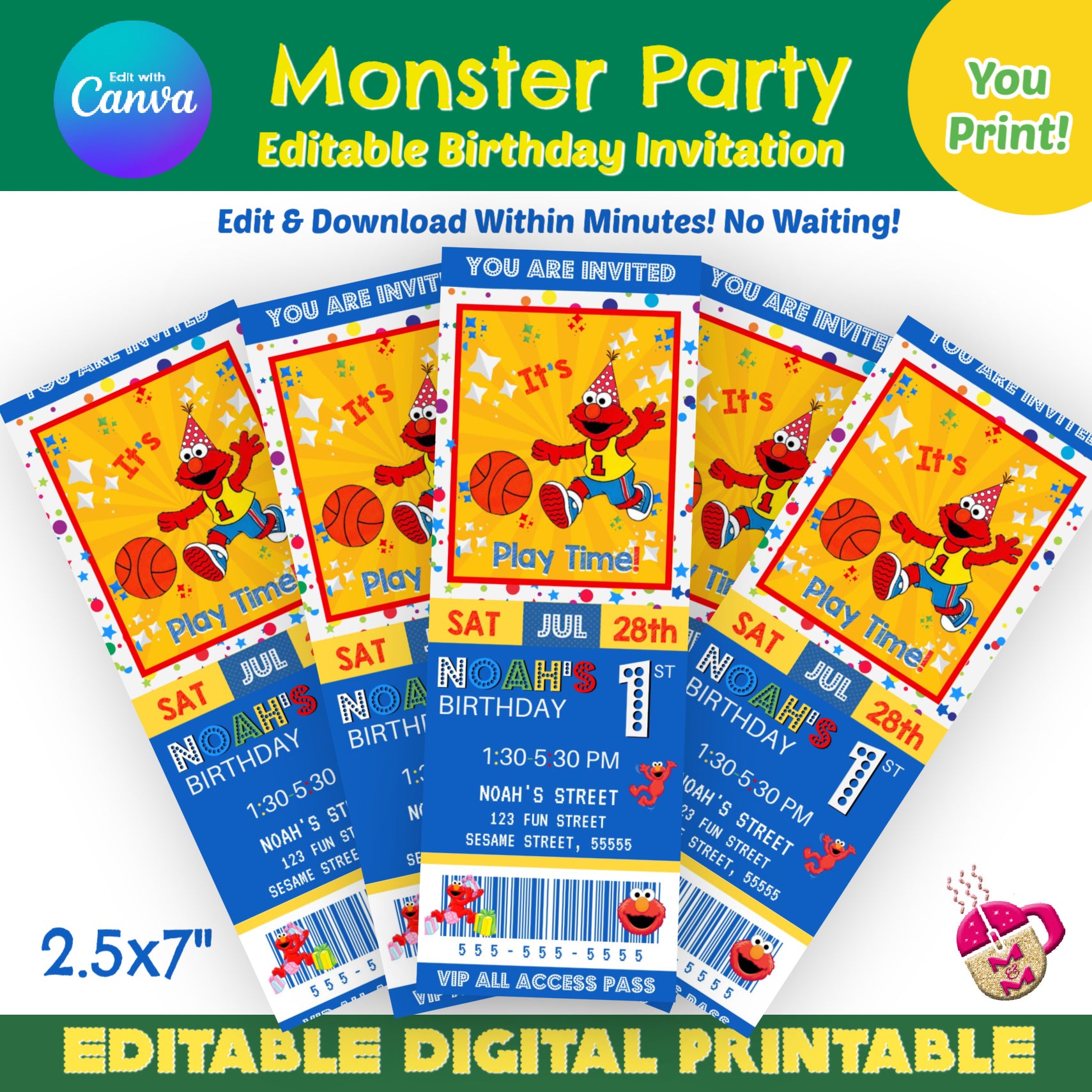 Red Furry Monster Blue Birthday Party Ticket Invitation , Monster Birthday Ticket Invitation,  Monster Party