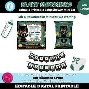 Editable Green Black Superhero Baby Shower Invitation Printable Set, Superhero Baby Shower