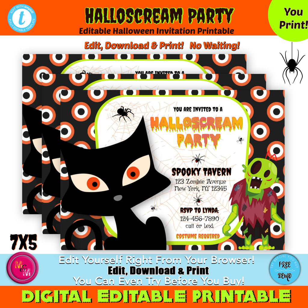 Editable Halloscream Halloween Party Invitation, Editable Halloween Invitation Printable
