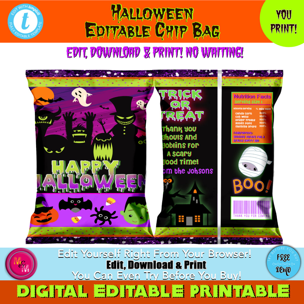 Editable Halloween Chip Bag Printable, Halloween Party Chip bag, Hallo ...