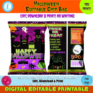 Editable Halloween Chip Bag Printable, Halloween Party Chip bag,  Halloween Party Supplies, Halloween Candy Bags, Halloween Goodie Bags