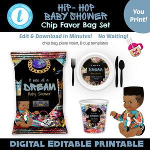 Editable Hip-Hop Baby Shower Chip Bag Set, Hip Hop 9oz Cup Label, Hip Hop 8 in. Plate Insert, Hip Hop Graffiti baby Shower
