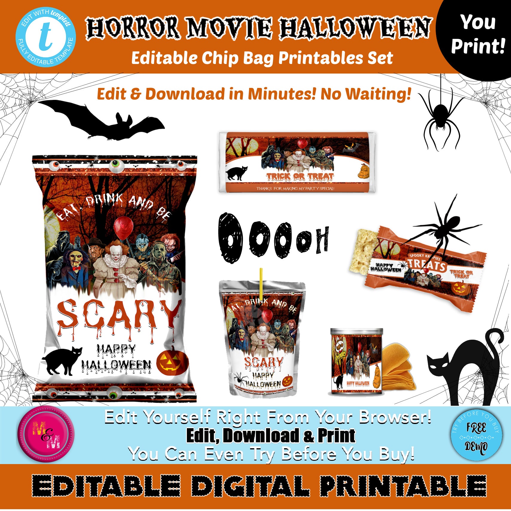 Animation Horror Bag Rounds Editable Horror Movie Halloween Chip Bag Set, Horror Movie Party Favor ...